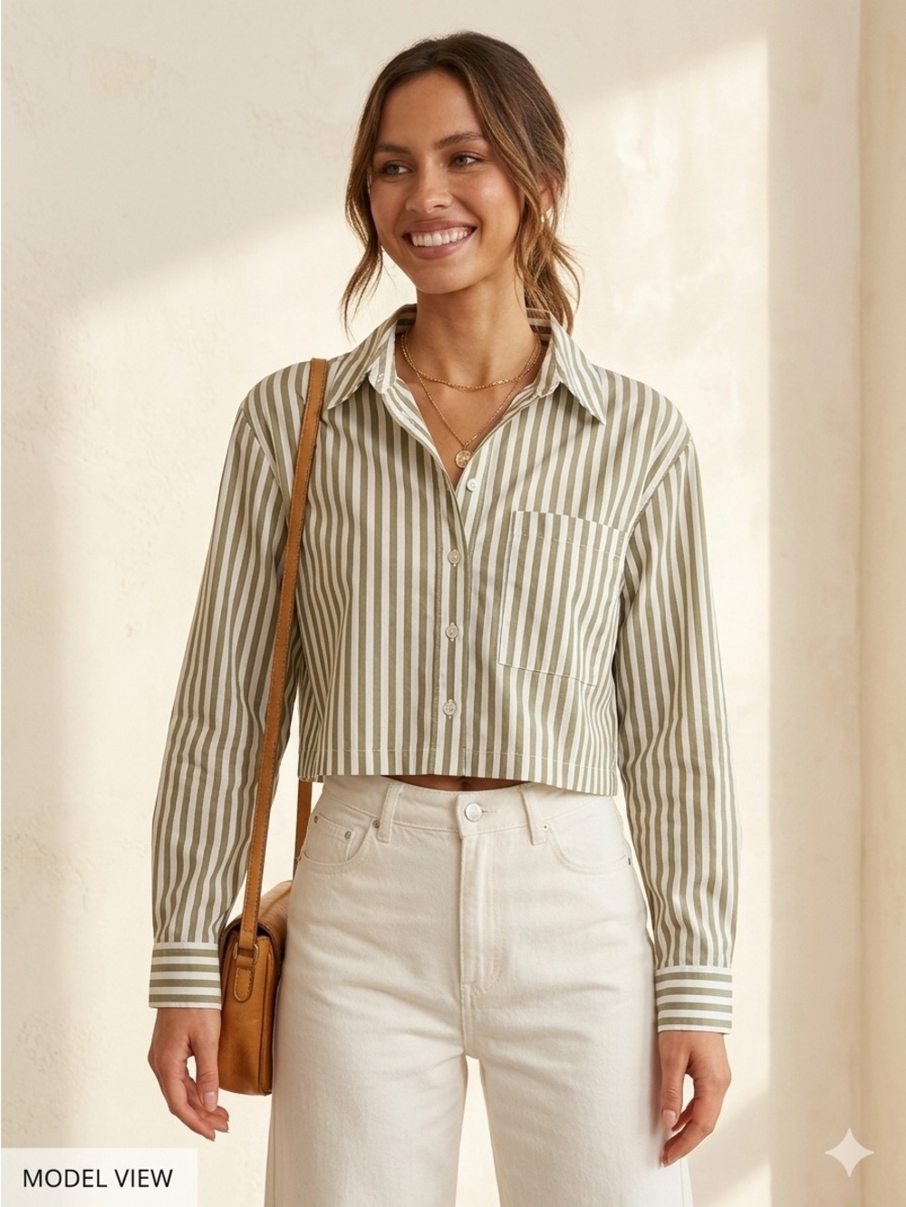 Japna Cropped Striped Button-Down Shirt - Olive & White Size S